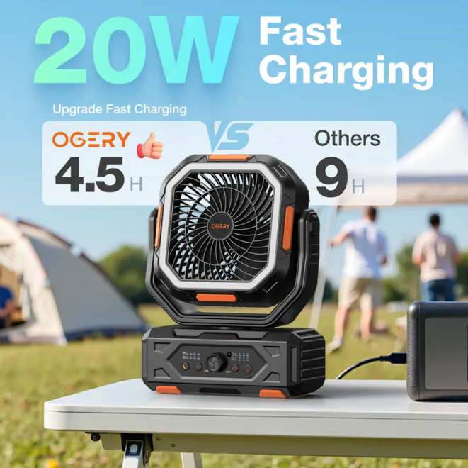 Portable Camping Fan 30000mAh | LED Light, Remote Control & 270° Rotation Oscillating Rechargeable Fan for Tent Outdoor Travel Home Office