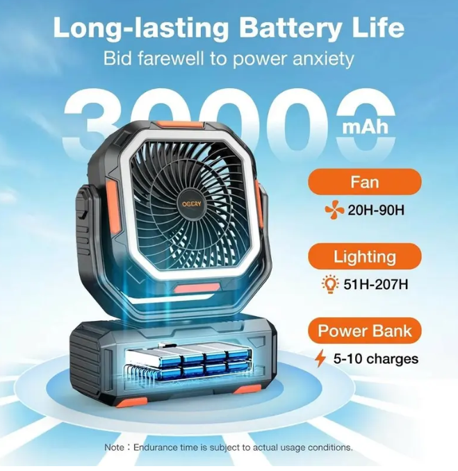 Portable Camping Fan 30000mAh | LED Light, Remote Control & 270° Rotation Oscillating Rechargeable Fan for Tent Outdoor Travel Home Office