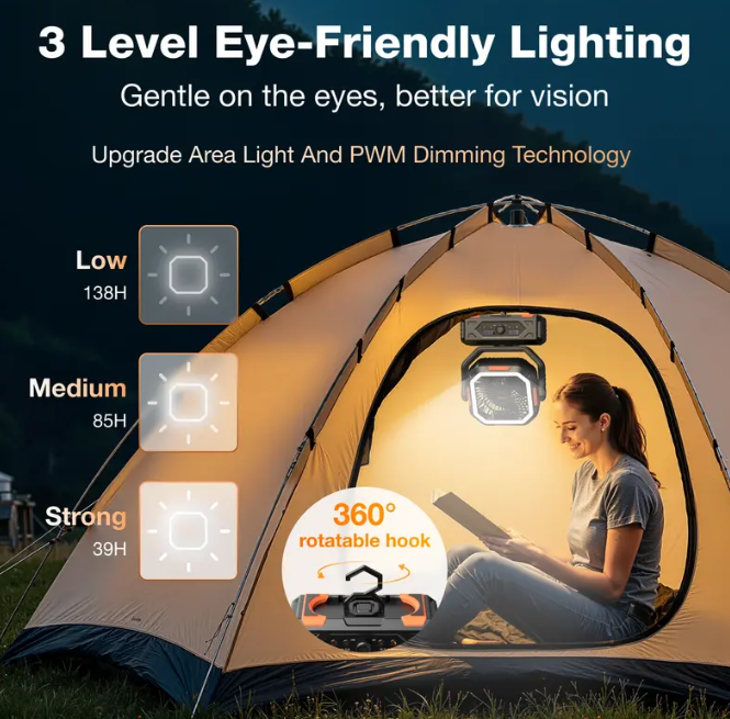 Portable Camping Fan 30000mAh | LED Light, Remote Control & 270° Rotation Oscillating Rechargeable Fan for Tent Outdoor Travel Home Office