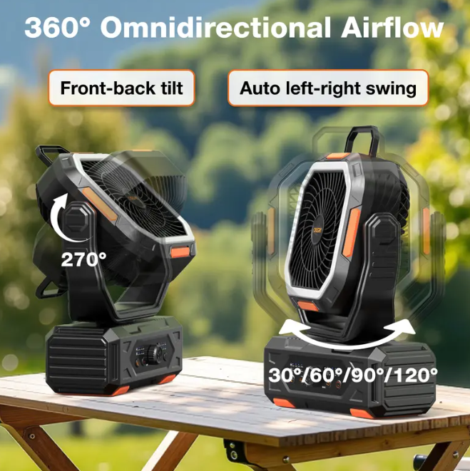 Portable Camping Fan 30000mAh | LED Light, Remote Control & 270° Rotation Oscillating Rechargeable Fan for Tent Outdoor Travel Home Office