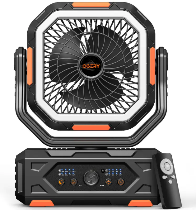 Portable Camping Fan 30000mAh | LED Light, Remote Control & 270° Rotation Oscillating Rechargeable Fan for Tent Outdoor Travel Home Office