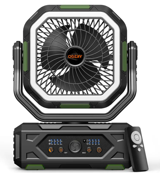 Portable Camping Fan 30000mAh | LED Light, Remote Control & 270° Rotation Oscillating Rechargeable Fan for Tent Outdoor Travel Home Office