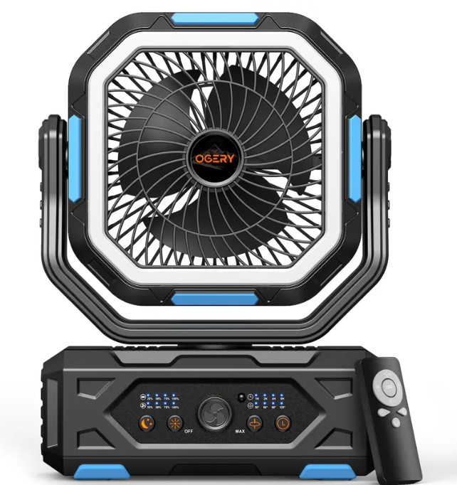 Portable Camping Fan 30000mAh | LED Light, Remote Control & 270° Rotation Oscillating Rechargeable Fan for Tent Outdoor Travel Home Office
