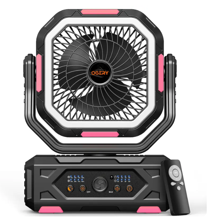 Portable Camping Fan 30000mAh | LED Light, Remote Control & 270° Rotation Oscillating Rechargeable Fan for Tent Outdoor Travel Home Office